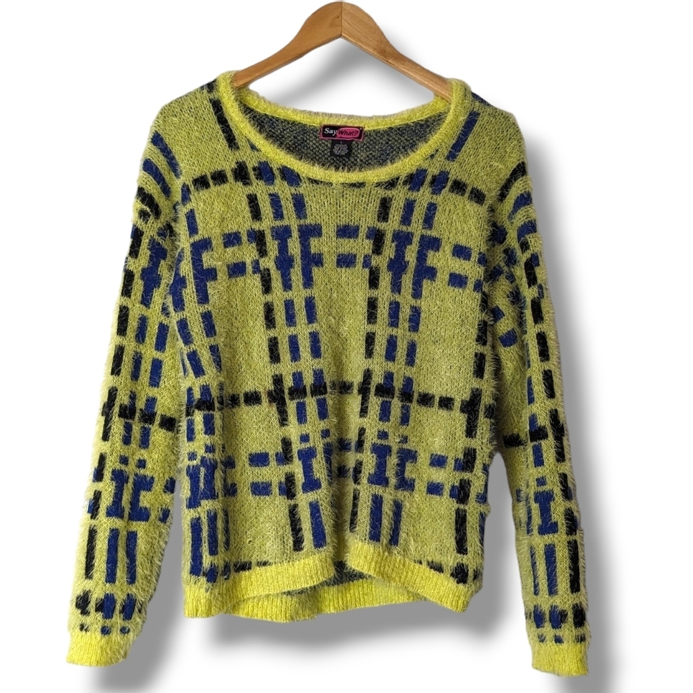 Y2K Clueless Plaid Fuzzy Bright Yellow Indie Sleaze Sweater by Say What: Large